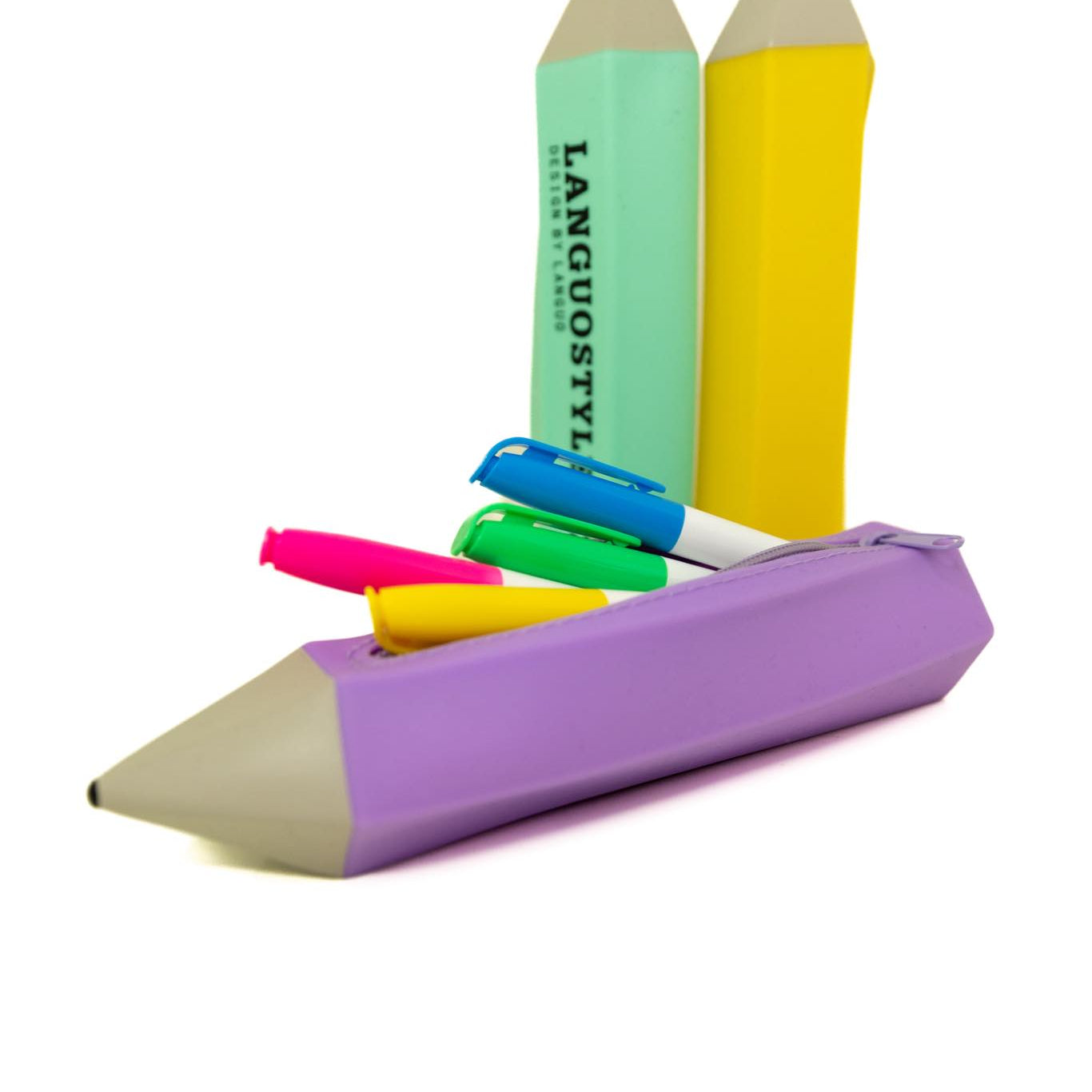 turqoise, purple and yellow silicone pencil shaped pencil case