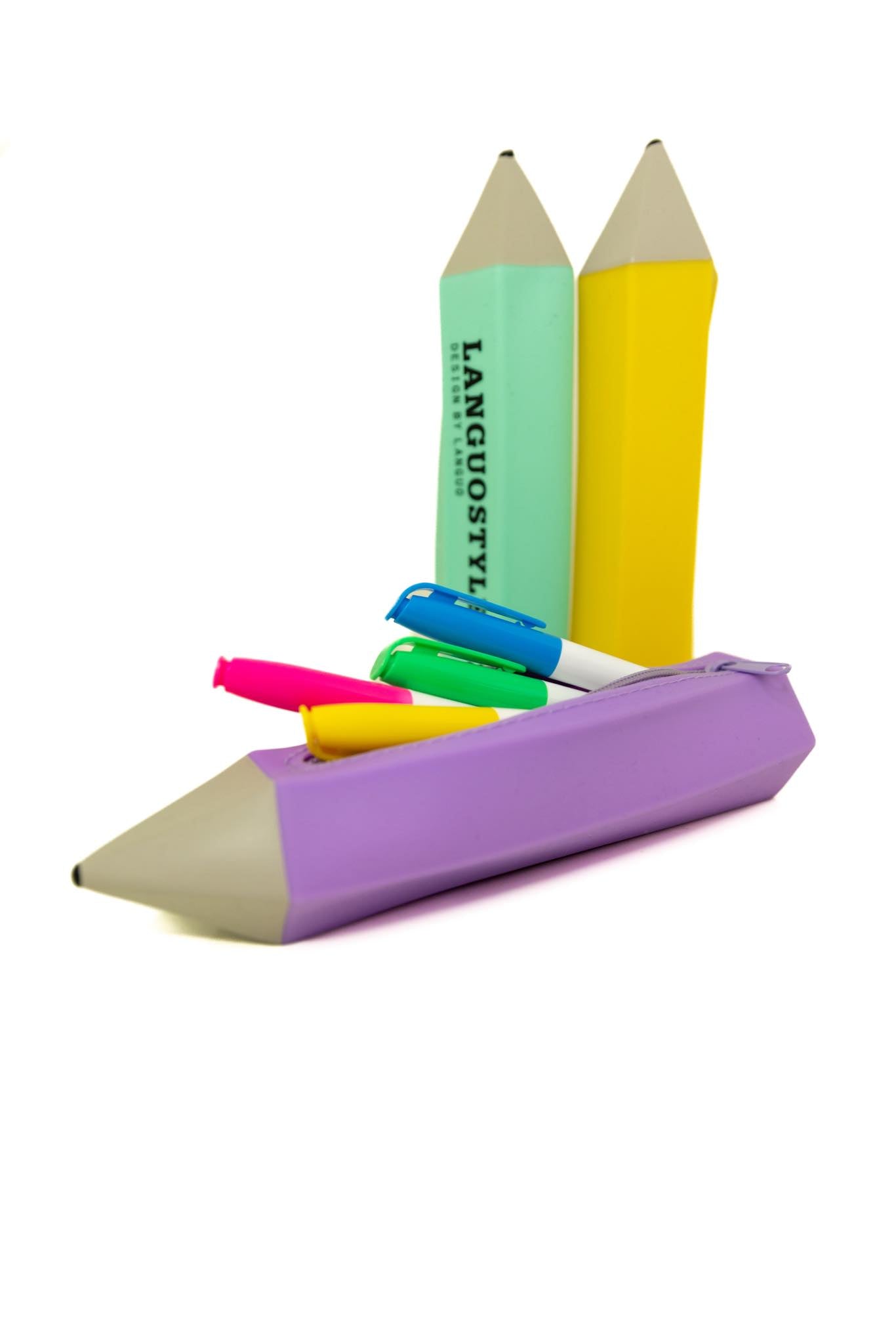 turqoise, purple and yellow silicone pencil shaped pencil case
